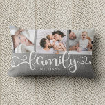 Modern Family Script Rustic Linen 3 Photo Collage Lumbar Pillow<br><div class="desc">Modern custom photo collage pillow with space for 3 photos surrounding a trendy swirly script reading FAMILY and your custom name below. This is the farmhouse version with grey printed linen burlap.</div>