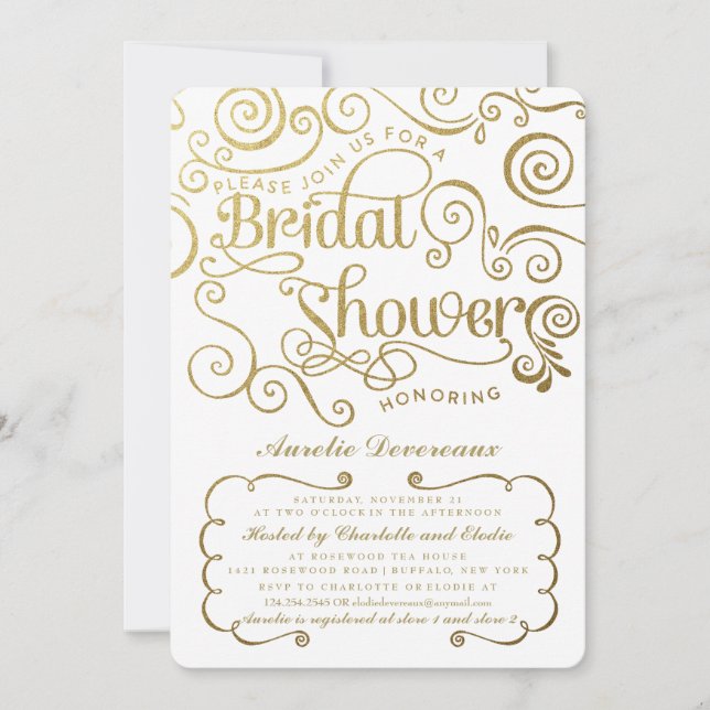 Modern Fancy Gold Swirls Bridal Shower Invitation (Front)