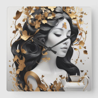 Modern Fantasy Art in Black and Gold  Square Wall Clock