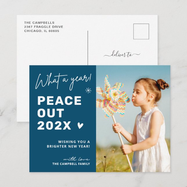 Modern Farewell: Peace Out 2024 Winter Blue Photo Holiday Postcard (Front/Back)