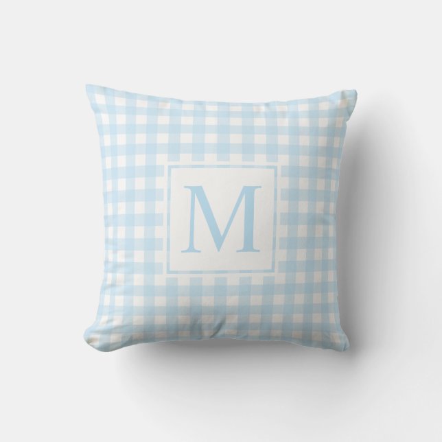 Modern Farmhouse Baby Blue Medium Gingham Monogram Throw Pillow (Front)
