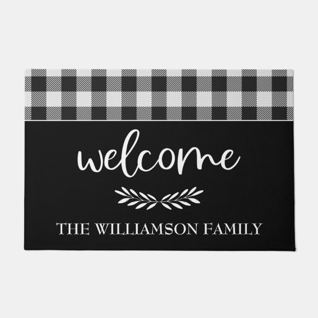 Modern Farmhouse Black Buffalo Plaid Family Name  Doormat (Front)