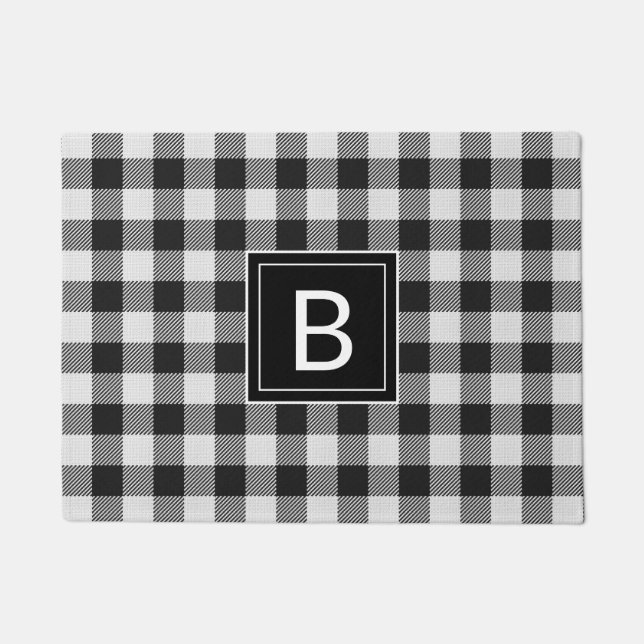 Modern Farmhouse Black Buffalo Plaid Monogrammed Doormat (Front)