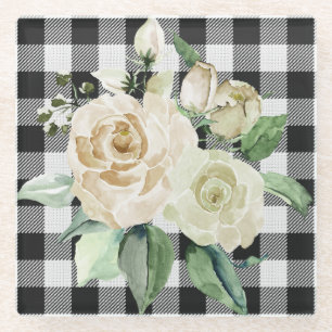 Modern Farmhouse Black White Buffalo Plaid Floral Glass Coaster
