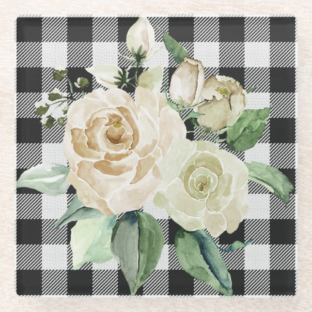 Modern Farmhouse Black White Buffalo Plaid Floral Glass Coaster (Front)