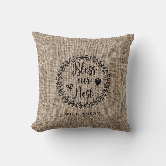 Modern Farmhouse Bless Our Nest Family Name Throw Pillow (Front)