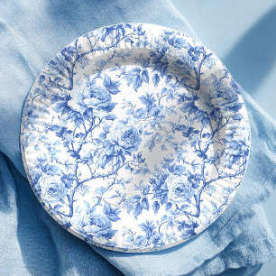 Modern Farmhouse Blue French Toile Roses Floral Paper Plate
