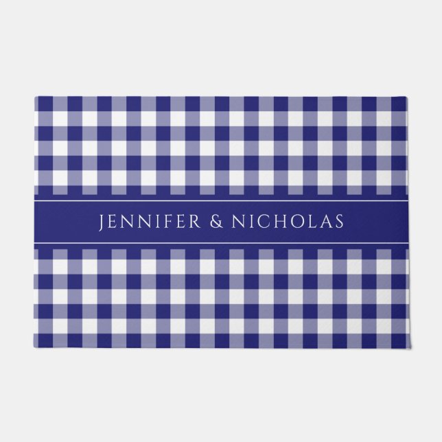 Modern Farmhouse Blue Plaid Family Name Doormat (Front)