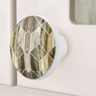 Modern Farmhouse Brown Wood Geometric Pattern Ceramic Knob