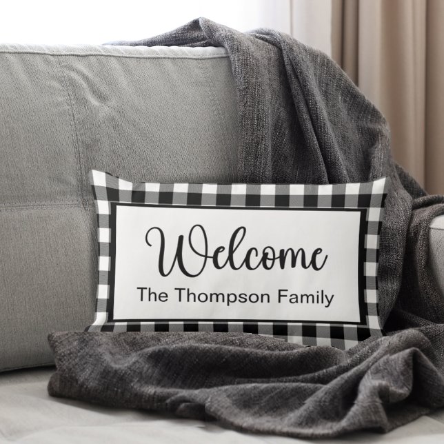 Modern Farmhouse Buffalo Plaid Welcome Custom Lumbar Pillow (Creator Uploaded)
