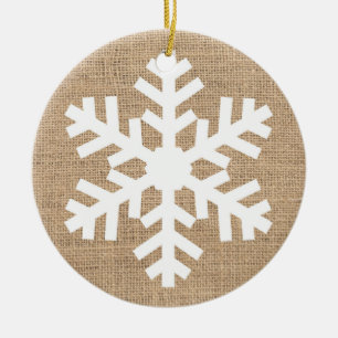 Modern Farmhouse Christmas Snowflake Rustic Burlap Ceramic Ornament