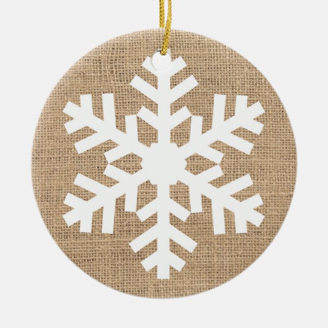 Modern Farmhouse Christmas Snowflake Rustic Burlap Ceramic Ornament (Front)