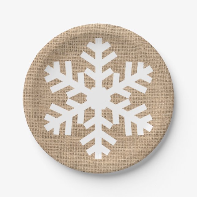 Modern Farmhouse Christmas Snowflake Rustic Burlap Paper Plate (Front)