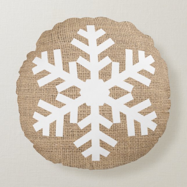 Modern Farmhouse Christmas Snowflake Rustic Burlap Round Pillow (Front)