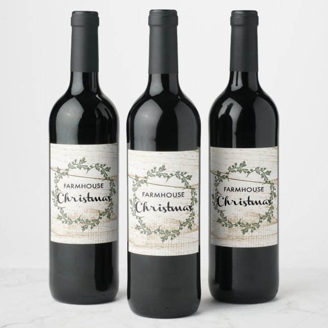 Modern Farmhouse Christmas Wreath Rustic Wood Wine Label (Bottles)