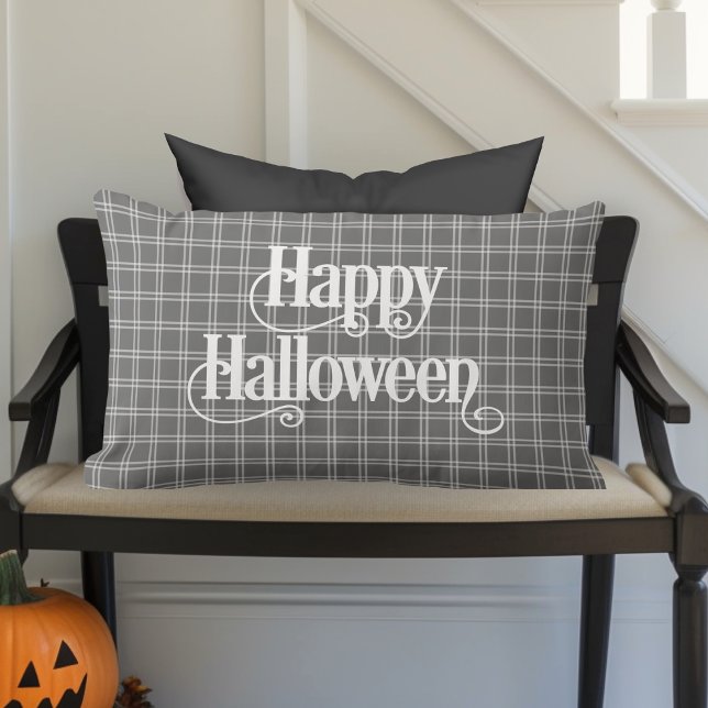 Modern Farmhouse Classic Plaid Happy Halloween Lumbar Pillow (Modern Farmhouse Classic Gray and White Plaid "Happy Halloween" Decorative Lumbar Pillow)