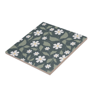 Modern Farmhouse Daisy Dark Blue Green & Sage Tile
