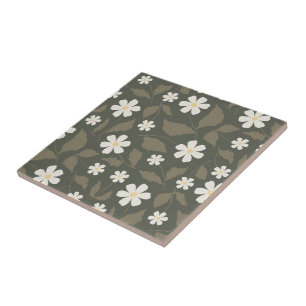 Modern Farmhouse Daisy Dark Olive Sage Floral Tile