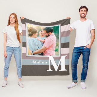 Modern Farmhouse Family Name Photo Monogram   Fleece Blanket