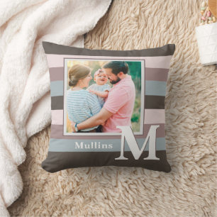 Modern Farmhouse Family Name Photo Monogram  Throw Pillow