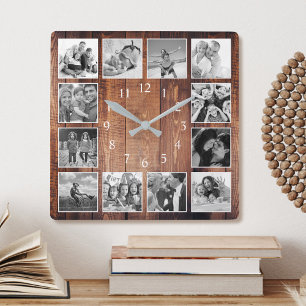 Modern Farmhouse Family Photo Collage Square Wall Clock