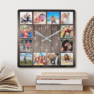 Modern Farmhouse Family Photo Collage Square Wall Clock