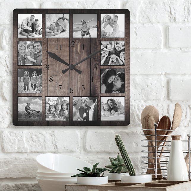 Modern Farmhouse Family Rustic Photo Collage Square Wall Clock (Creator Uploaded)