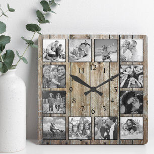 Modern Farmhouse Family Rustic Photo Collage Square Wall Clock