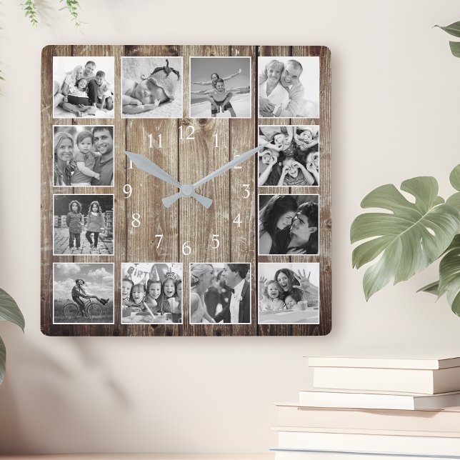 Modern Farmhouse Family Rustic Photo Collage Square Wall Clock (Creator Uploaded)