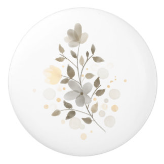 Modern Farmhouse Flowers Beige and Sage Green  Ceramic Knob