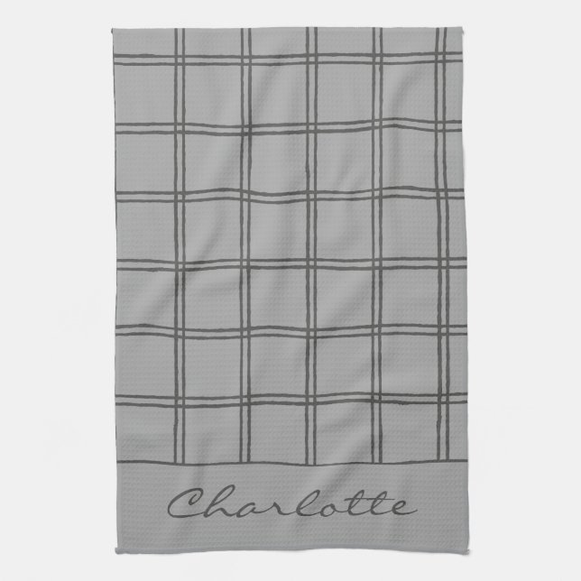 Modern Farmhouse Grey Plaid Personalized Rustic Kitchen Towel (Vertical)