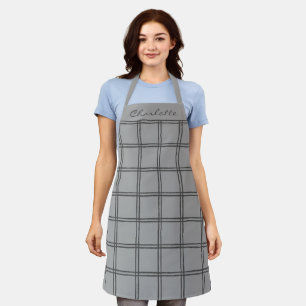 Modern Farmhouse Grey Plaid Personalized Script Apron