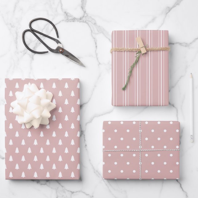 Modern farmhouse holiday silver pink wrapping paper sheet (Front)