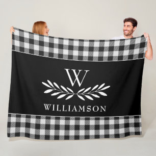 Modern Farmhouse Monogram Black White Plaid Fleece Blanket