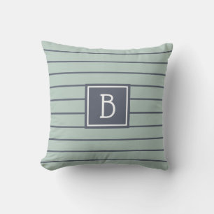 Modern Farmhouse Monogrammed Green & Blue Striped Throw Pillow
