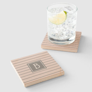 Modern Farmhouse Monogrammed Pink & Grey Striped Stone Coaster