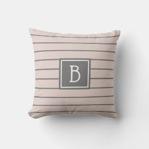 Modern Farmhouse Monogrammed Pink & Grey Striped Throw Pillow