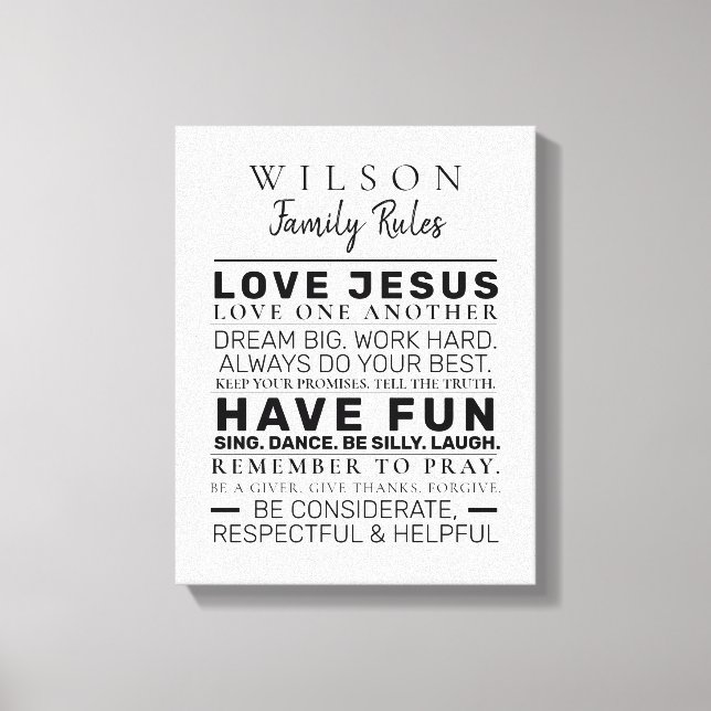 Modern Farmhouse Personalized Family Rules Canvas Print (Front)