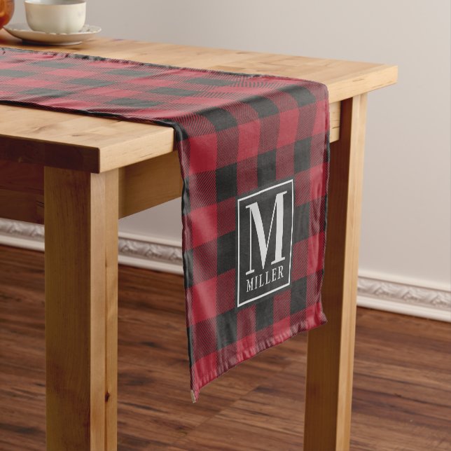 Modern Farmhouse Red Buffalo Check Monogrammed Short Table Runner (In Situ)