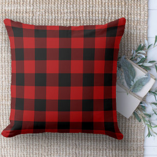 Modern Farmhouse Rug Black & Red Buffalo Plaid  Throw Pillow