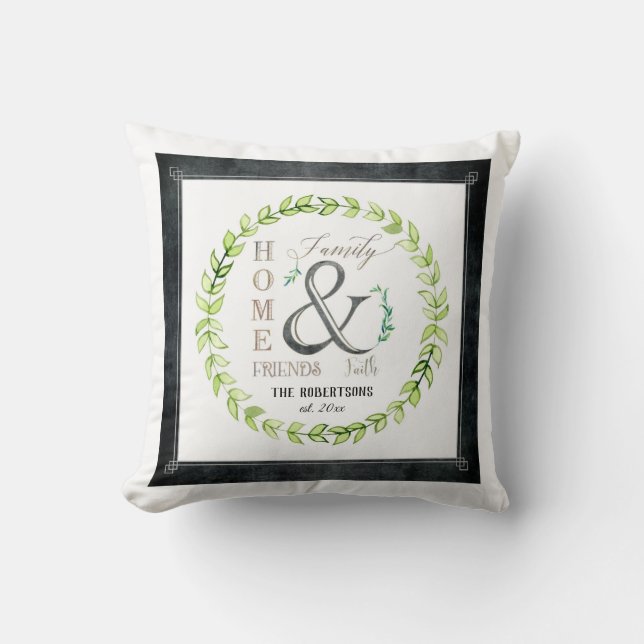 Modern Farmhouse Wreath Ampersand Home Family Name Throw Pillow (Front)