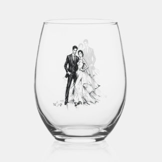 Modern Fashion Charcoal Sketch Couple Wedding  Stemless Wine Glass