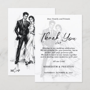 Modern Fashion Charcoal Sketch Couple Wedding  Thank You Card
