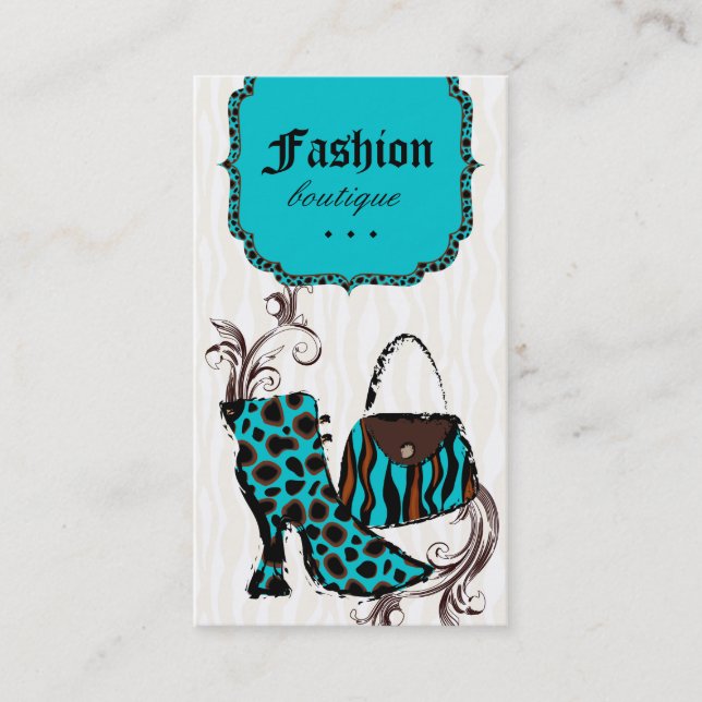 Modern Fashion Handbag Boot Leopard Zebra Blue Business Card (Front)