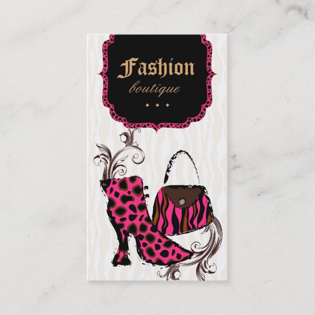 Modern Fashion Handbag Boot Leopard Zebra Pink Business Card (Front)