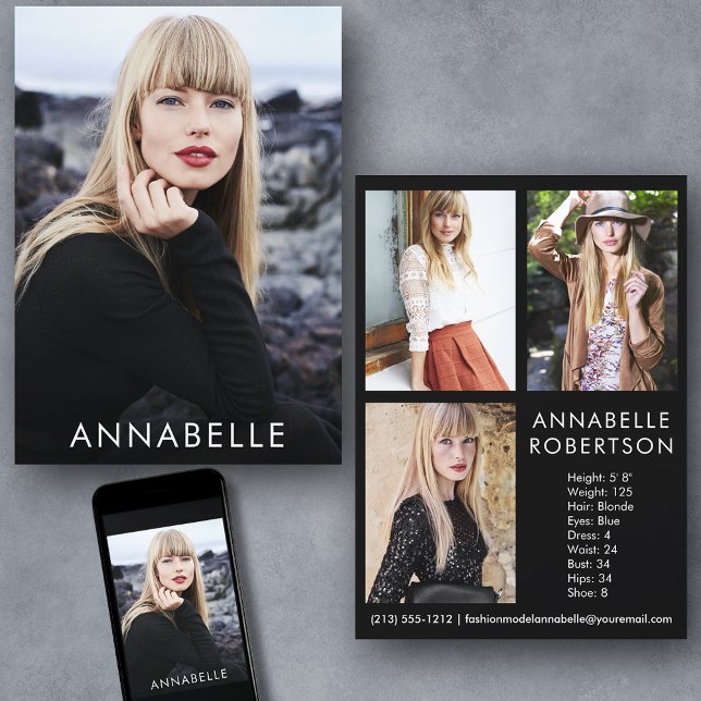 Modern Fashion Modelling 4 Photo Model Comp Card (Customize to change background color, text size or text style. Available for prints and download.)