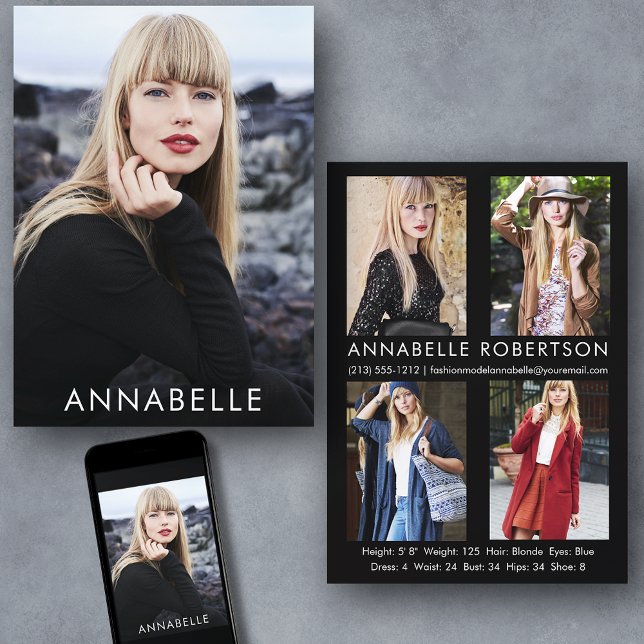 Modern Fashion Modelling 5 Photo Model Comp Card (Customize to change background color, text size or text style. Available for prints and download.)