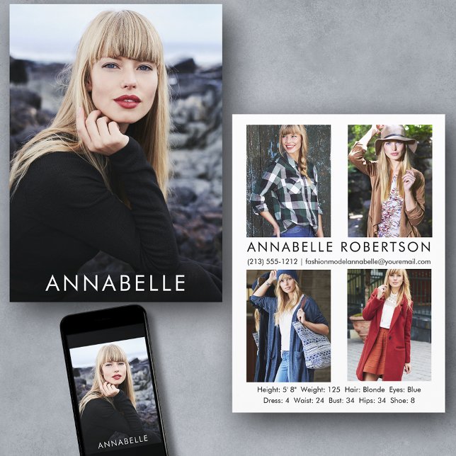 Modern Fashion Modelling 5 Photos Model Comp Card (Customize to change background color, text size or text style. Available for prints and download.)