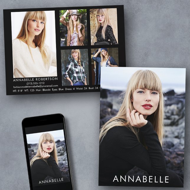 Modern Fashion Modelling 6 Photo Model Comp Card (Customize to change background color, text size or text style. Available for prints and download.)