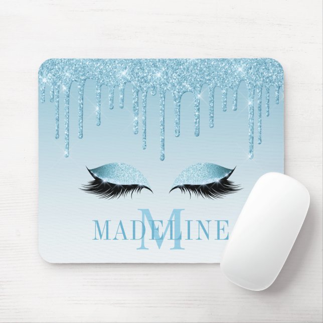 Modern Fashionable Blue Glitter Lashes Monogram Mouse Pad (With Mouse)